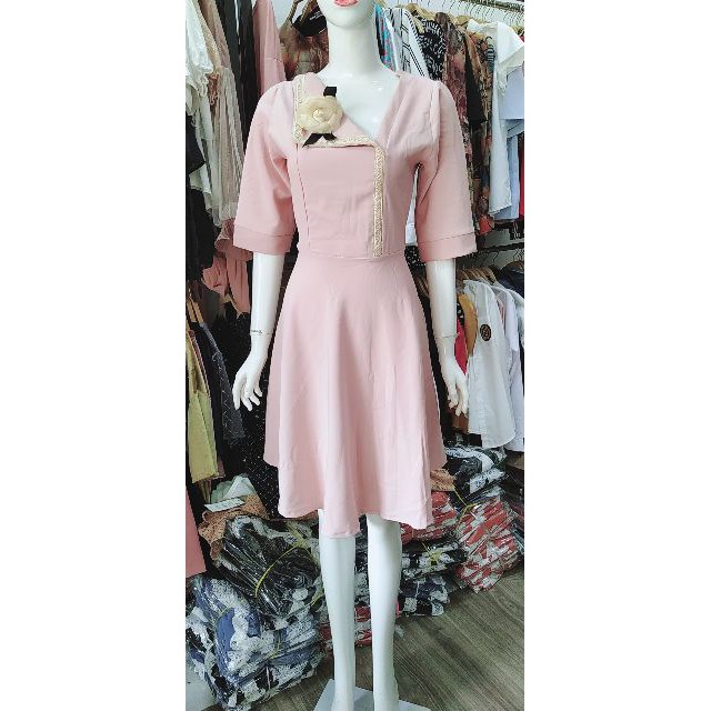 váy tiểu thư cổ bẻ lệch bo eo dáng xòe đáng yêu xinh xắn