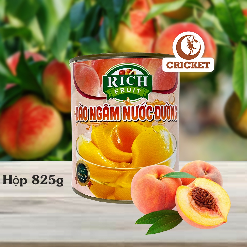 Đào Tươi Ngâm Nước Đường Giòn Ngọt Rich Fruit - Hộp 825g - Nguyên liệu làm trà đào, trà trái cây ngon chuẩn vị tự nhiên