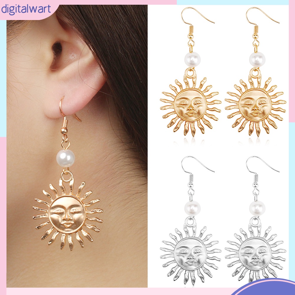 Đôi khuyên tai dáng dài trang trí mặt trời và đính ngọc trai xinh xắn cho nữ