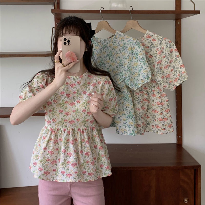 Salty Áo Sơ Mi Ngắn Tay Phồng Ngọt Ngào Giảm Tuổi Hình Hoa Cho Nữ