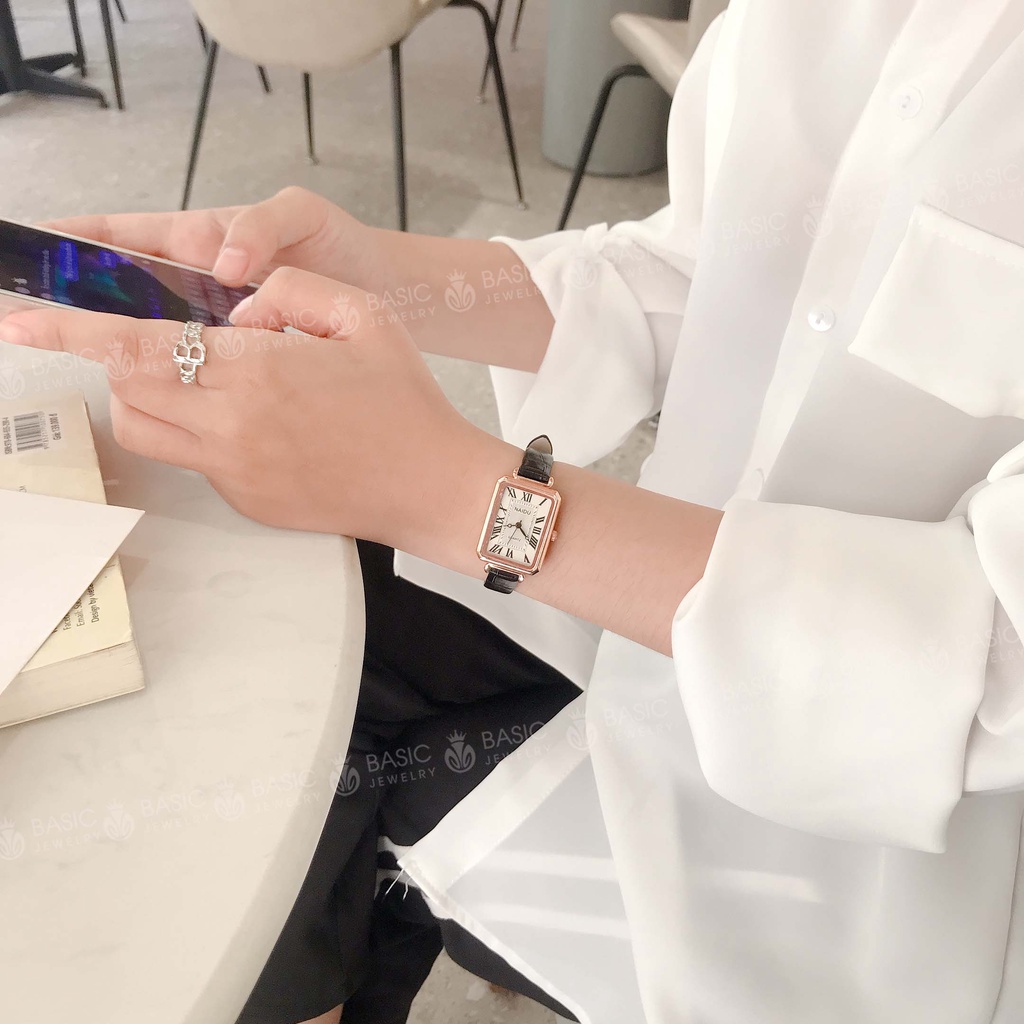Đồng hồ nữ thời trang dây da NAIDU mặt số la mã hình chữ nhật Basic Jewelry DH13