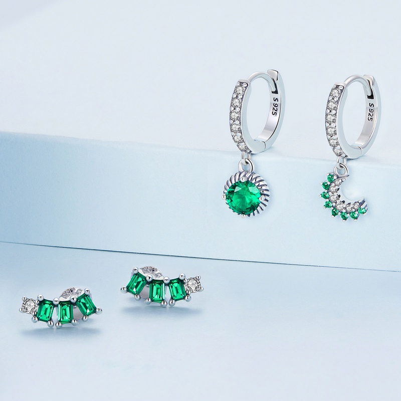BAMOER Set Bông Tai Và Khuyên Kẹp Tai bạc 925 Đính Đá Zircon Xanh