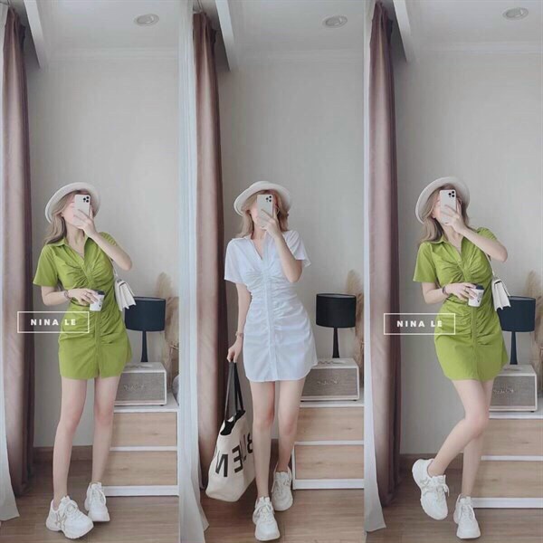 Đầm ôm body đi dự tiệc, đầm suông dáng dài phối nhúm ngắn tay cổ sơ mi sang trọng dễ thương đi tiệc siêu xinh