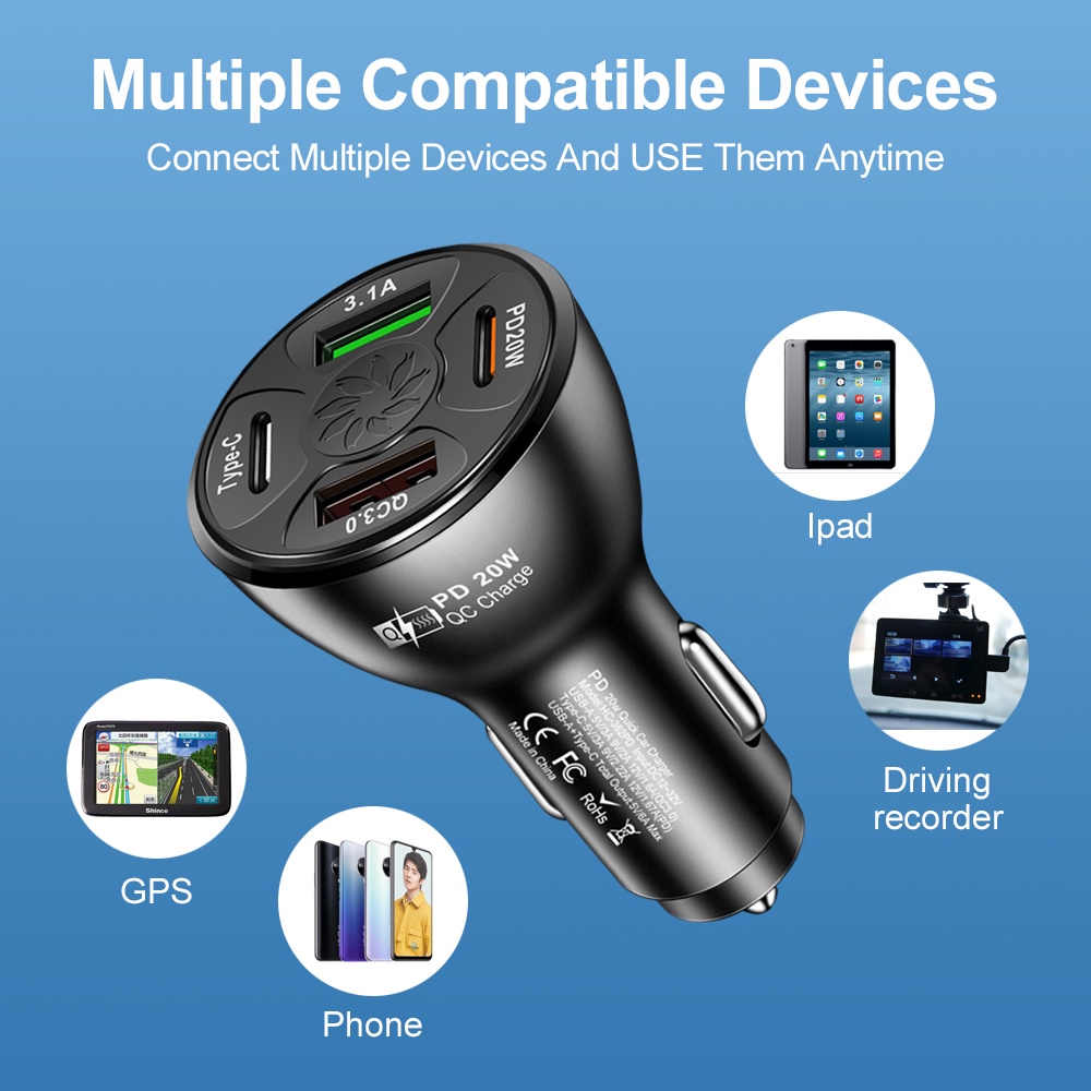 Bộ sạc nhanh BLALION 4 cổng USB QC3.0 3.1A PD20W Type-C tiện lợi cho ô tô