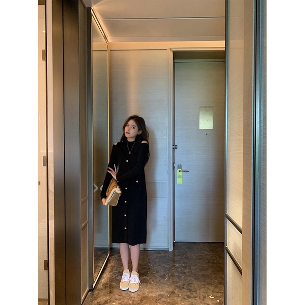 Váy đầm len suông khoét vai phối cúc hàn quốc dành cho mẹ bầu sau sinh chất len dày dặn dáng suông ấm áp mùa đông bà bầu