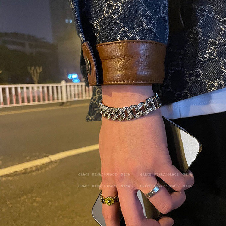 Vòng tay nam nữ thời trang + dây chuyền lắc tay unisex màu bạc Kuu Studio Titan không gỉ Vòng đeo - Cuban đá