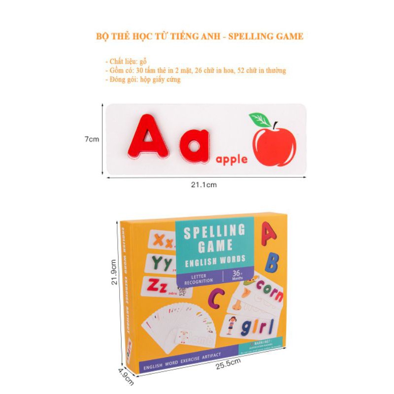 [Mã SRBACK101512 hoàn 20K xu đơn 0Đ] Sỉ 10 bộ thẻ học tiếng Anh bằng gỗ - Spelling game