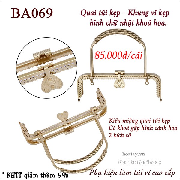 Quai túi kẹp - Khung ví hình chữ nhật khoá hoa BA069