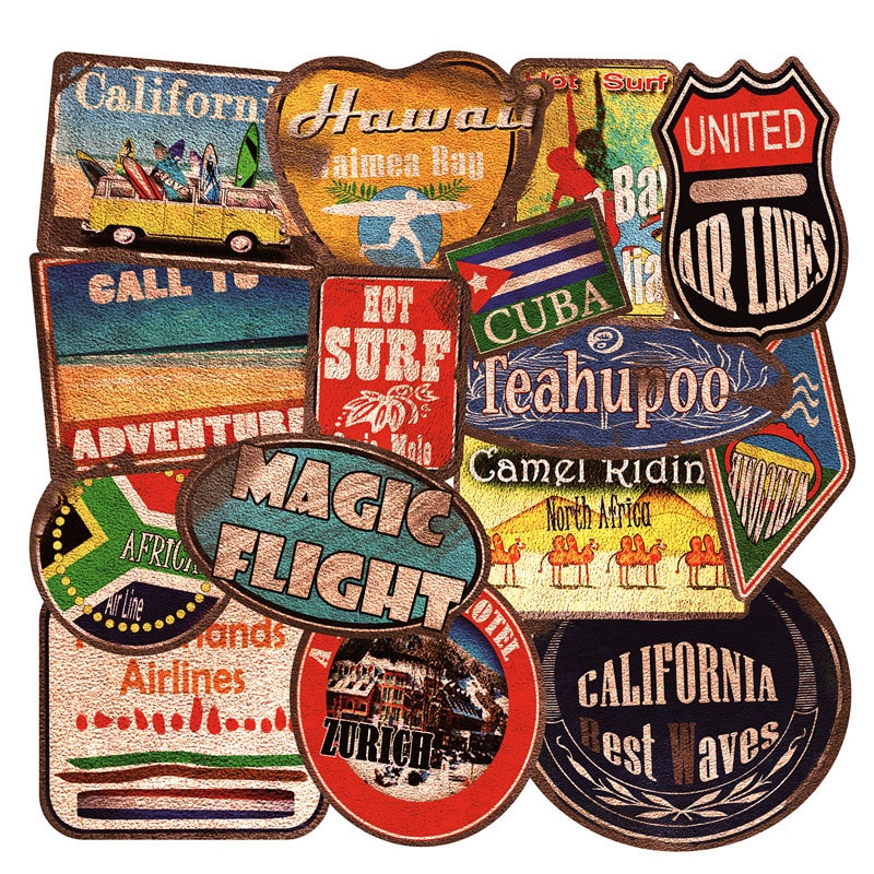 Bộ 20 Sticker chống thấm nước trang trí mũ bảo hiểm, laptop chủ đề retro travel