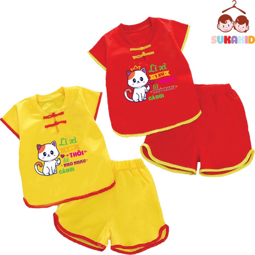 Gía sỉ Combo 2 Bộ quần áo tết hình mèo chử lì xì 1 xu la nhớ nhau cả đời cho bé từ 6kg-29kg.NT10.