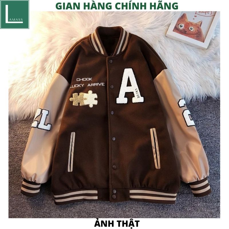 Áo khoác Bomber thể thao màu nâu thêu chữ A- Áo bóng chày jackit from rộng nam nữ UNISEX phối tay phong cách ulzzang