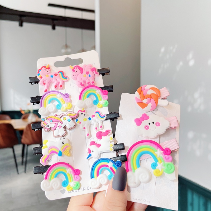 Bộ kẹp tóc BB hình kỳ lân màu cầu vồng dễ thương cho bé