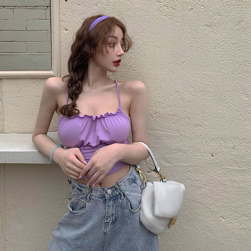 Sexy Ladies Slim Outside Wear Strapless Strap Wrap Chest Purple Top