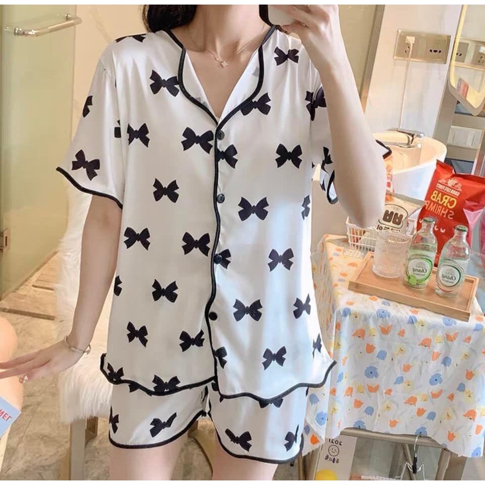 Bộ ngủ pijama hoạt hình freesize tay cộc quần cộc mùa hè chất kate mềm, FOM 40KG 58KG