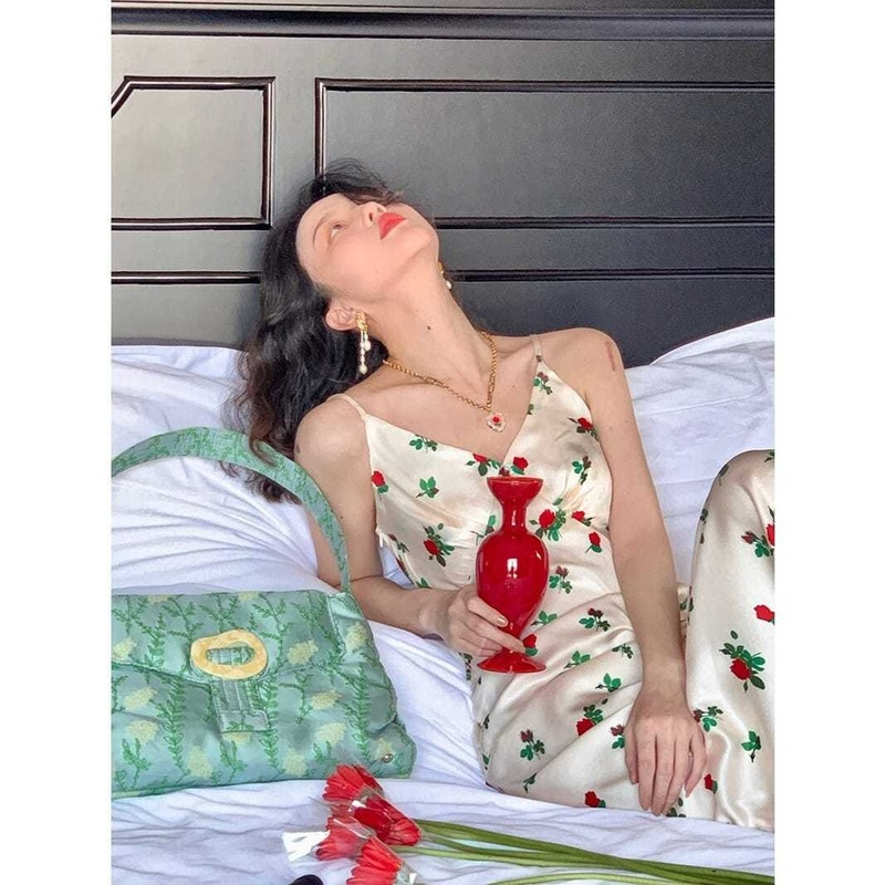 Đầm voan hai dây dáng dài in họa tiết hoa thanh lịch thời trang cho nữ