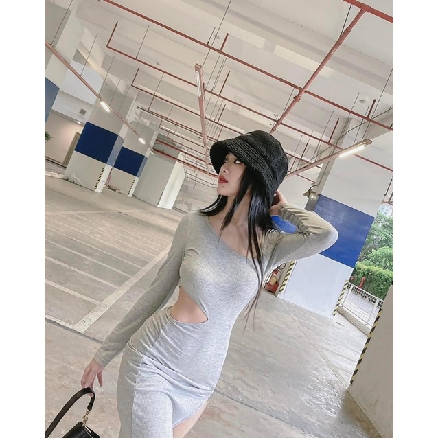 Đầm Body Khoét Eo Xẻ Tà Sexy Tay Dài 3Tone Đô-Xám-Đen #Lyn