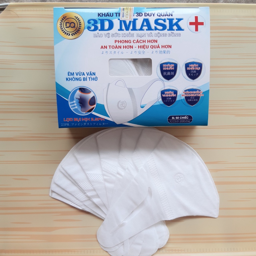 ]Khẩu Trang 3D Mask Duy Quân  Xuân Lai Chính Hãng Công Nghệ Nhật Bản Hộp 50 Chiếc màu trắng co giãn tốt