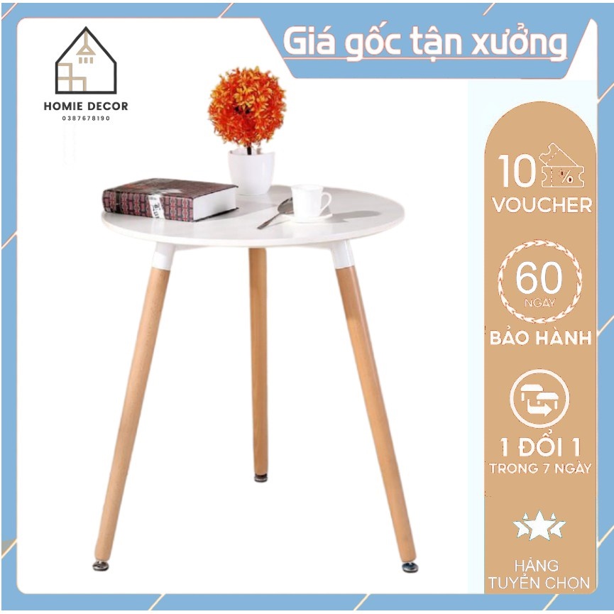 Bàn Eames Tròn Chân Gỗ 3 Chân Xoáy Đen - Trắng Cao 75cm, Mặt Bàn 60cm