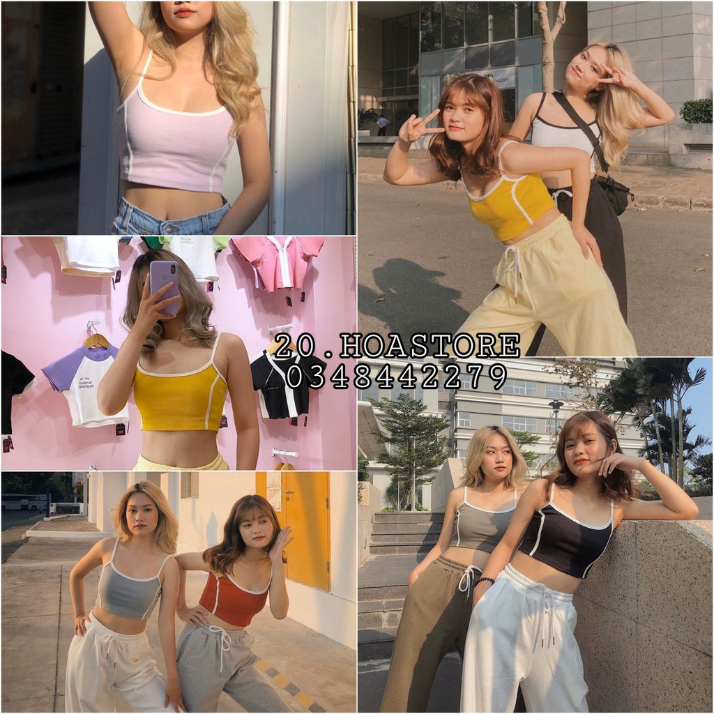 ÁO CROPTOP HAI DÂY VIỀN SỌC LEN TĂM BASIC 6 MÀU