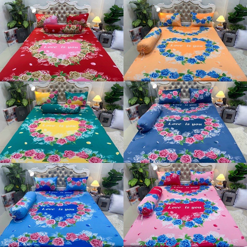 Bộ Drap thun Hàn Quốc 4 món ~ Mẫu tim Love Is You