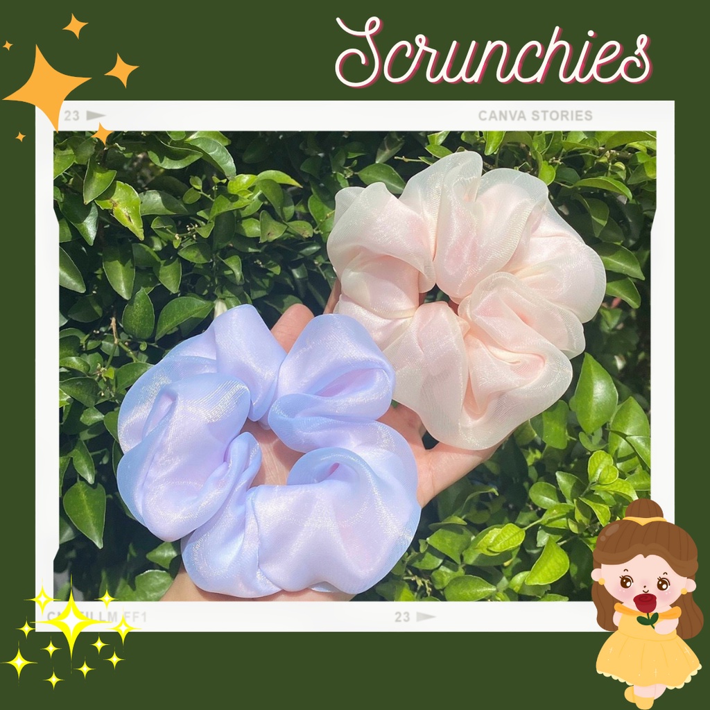 Scrunchies cột tóc, dây buộc tóc vải voan hai lớp cao cấp ánh kim xinh xắn dành cho bạn nữ