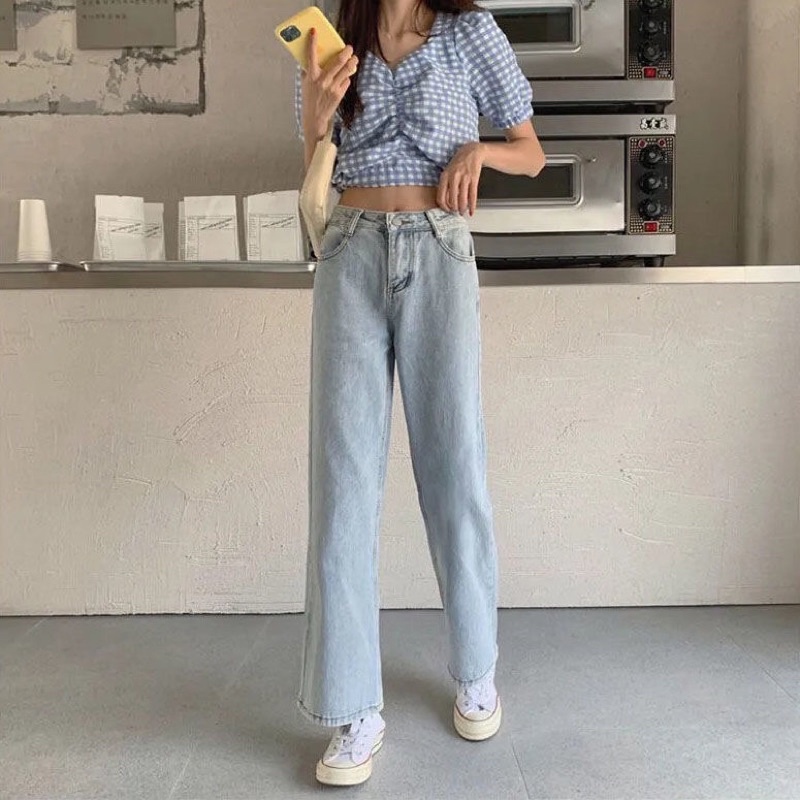 Quần bò ống đứng lưng cao denim phong cách Hàn Quốc