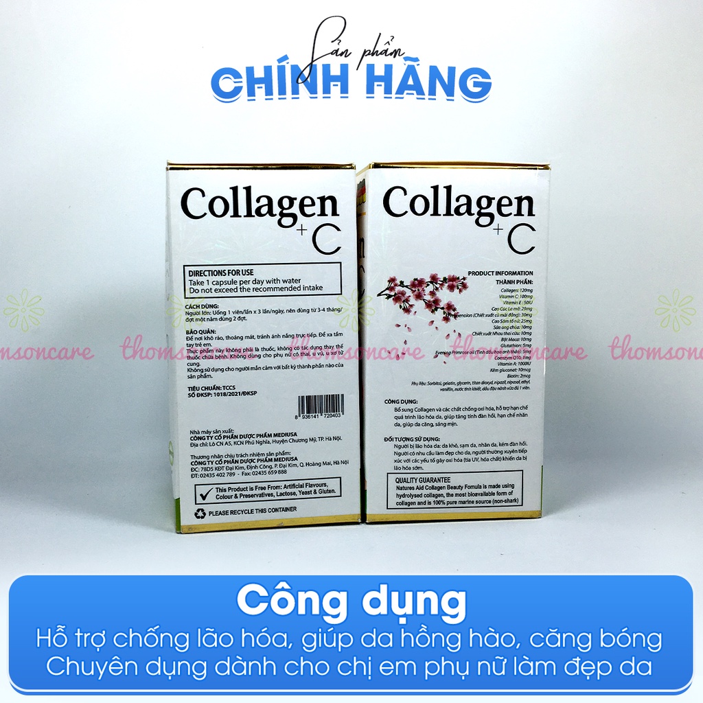 Bổ sung nội tiết tố từ Collagen thủy phân - Collagen +C hộp 60v có thêm vitamin C, E, glutathion và mầm đậu nành