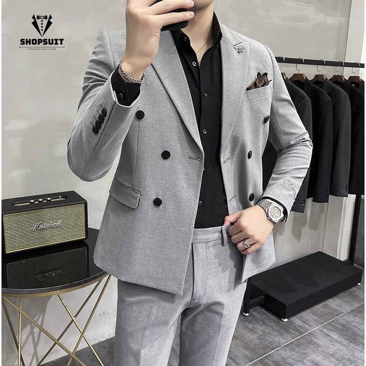 Vest Nam đẹp 6 cúc màu ghi xám, Áo Blazer nam phong cách Hàn Quốc