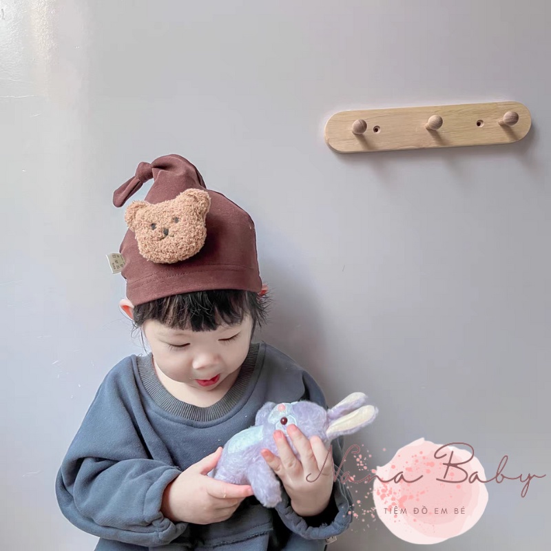 Mũ nón chất cotton thắt nút đính gấu đáng yêu cho bé 0-12m NanaBaby MD63