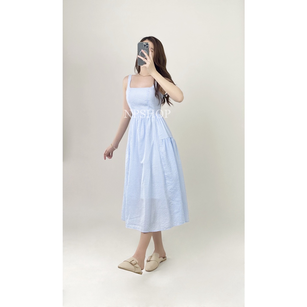 Đầm nữ maxi xoè 2 dây sọc caro NPSHOP, váy xoè hai dây bản to dáng dài NPDAM029
