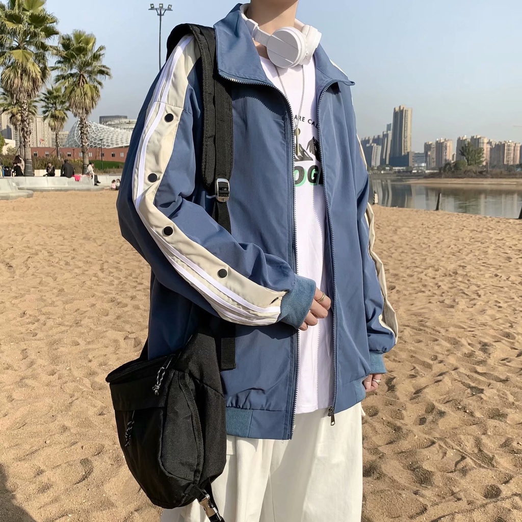 Áo Khoác Cổ Đứng Dáng Rộng Họa Tiết Kẻ Sọc Thời Trang Hàn Quốc Cho Nam