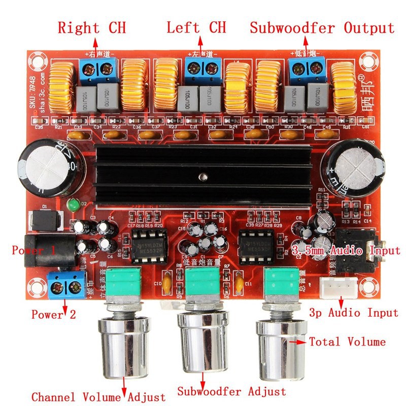 Mạch khuếch đại công suất Class D 2.1 kênh. điện áp rộng 12V-24V TPA3116D2 2 x 50W + 100W Phiên bản 2020