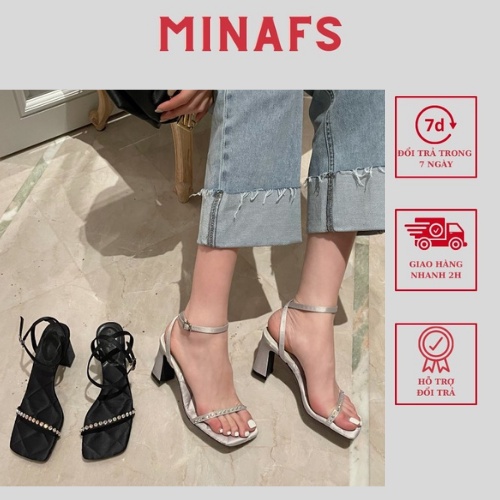 Giày Sandal Cao Gót Nữ MINAFS Quai Ngang Mảnh Đính Đá Gót Vuông Cao 7cm Đế May Chần Chỉ Êm Đẹp Thời Trang Giá Rẻ Công Sở