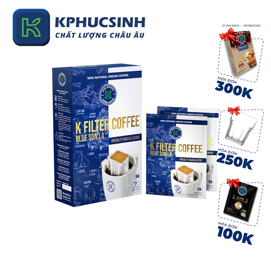 Cà phê Arabica nguyên chất phin giấy K Filter Blue Sơn La 105g/túi KPHUCSINH - Hàng Chính Hãng