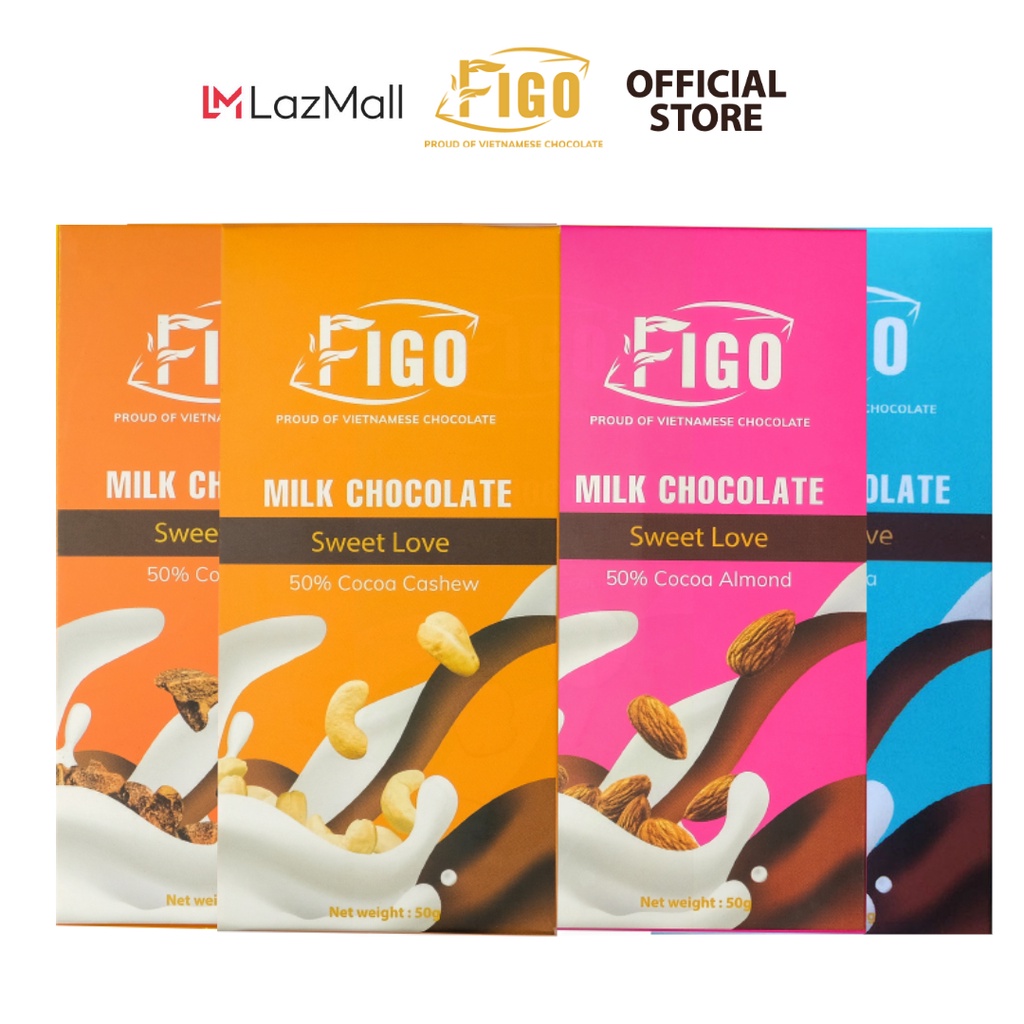 Combo 4 thanh Kẹo Socola sữa, Milk Chocolate Hạnh nhân + Hạt điều + Dừa + Hạt cacao 50% Cacao Hộp 50g Figo
