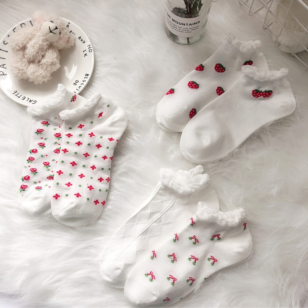 Tất Cổ thấp nữ Dễ thương In hình Hoạt hình Ulzzang Hàn Quốc Vớ nữ Cổ ngắn Cotton Nhật Bản