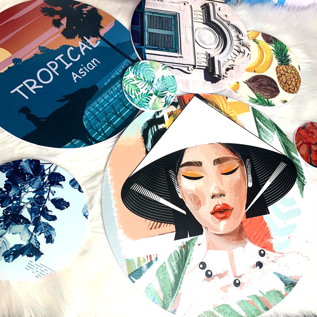 Bộ tranh tròn decor Luhau  Tropical Asia tranh dán tường tạo hình không cần khoan tường