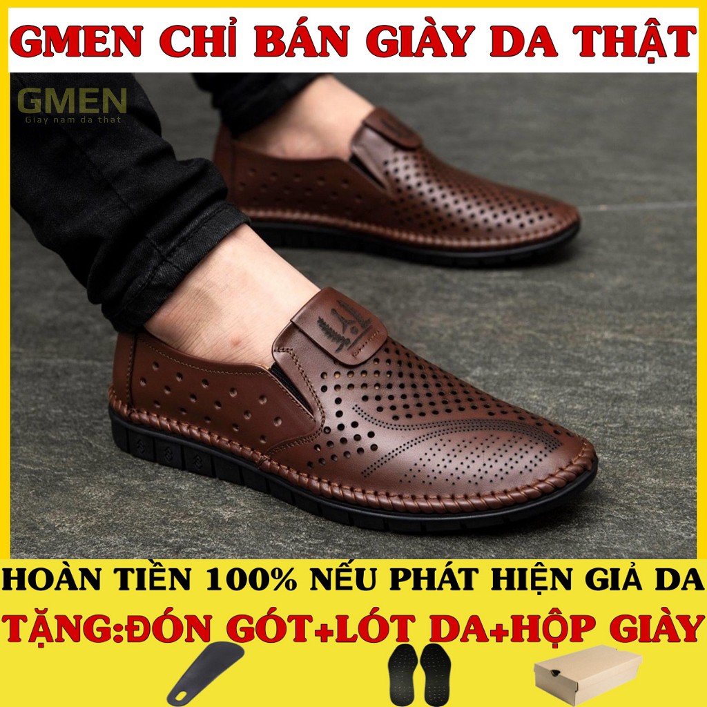 Giày lười da bò nam thiết kế lỗ thoáng mát đế cao su khâu chỉ bảo hành 1 năm