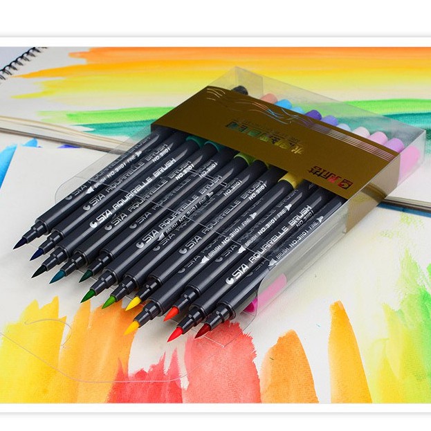 Bộ 12 bút brush 2 đầu gồm 1 đầu cọ lông mềm + 1 đầu bút Marker B01 full màu