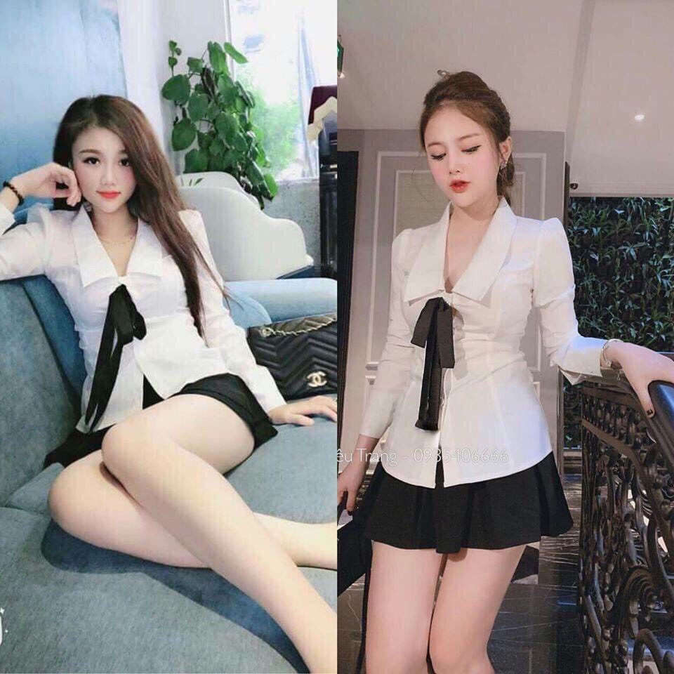Sét Bộ Tiểu Thư Aó Sơ Mi Có Nơ Kèm Chân Váy ( Chất Liệu Kate Có Quần Trong ) Thời Trang Nữ