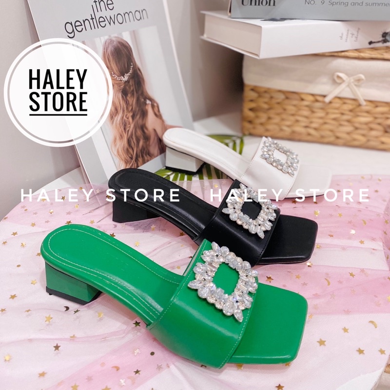 Guốc nữ HALEY STORE đế vuông 4cm quai ngang đính đá xoàn lấp lánh sang trọng mềm mại êm chân rẻ bền đẹp