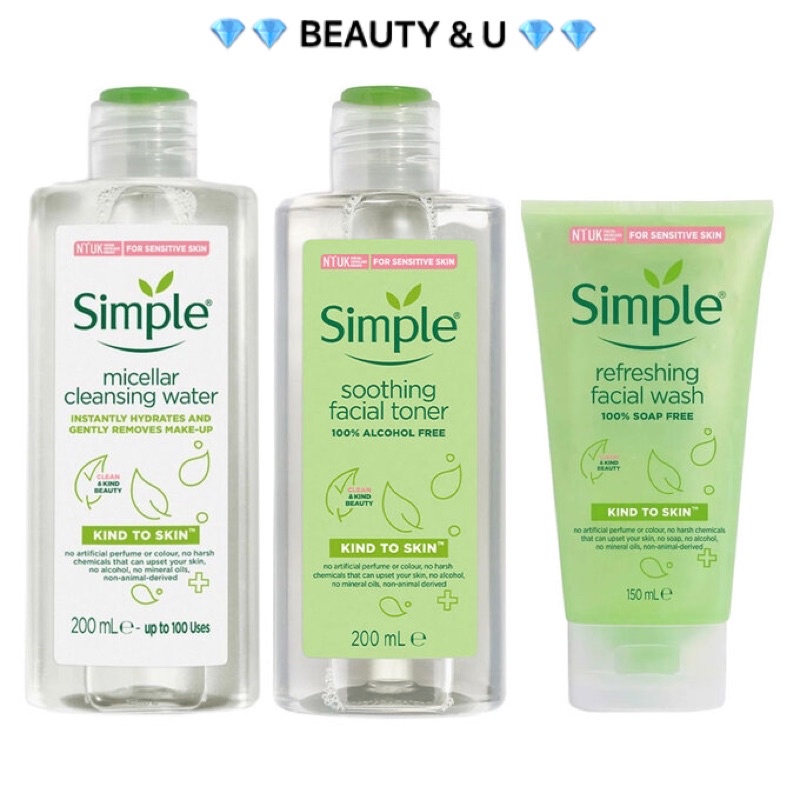 COMBO 3 MÓN NƯỚC TẨY TRANG, SỮA RỬA MẶT, TONER NƯƠC HOA HỒNG SIMPLE MICELLAR CLEANSING WATER