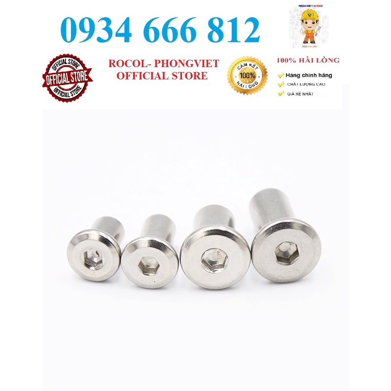 Set 50 cái Tán dù đầu lục giác chìm dẹt M6 thép mạ niken trắng sáng như inox