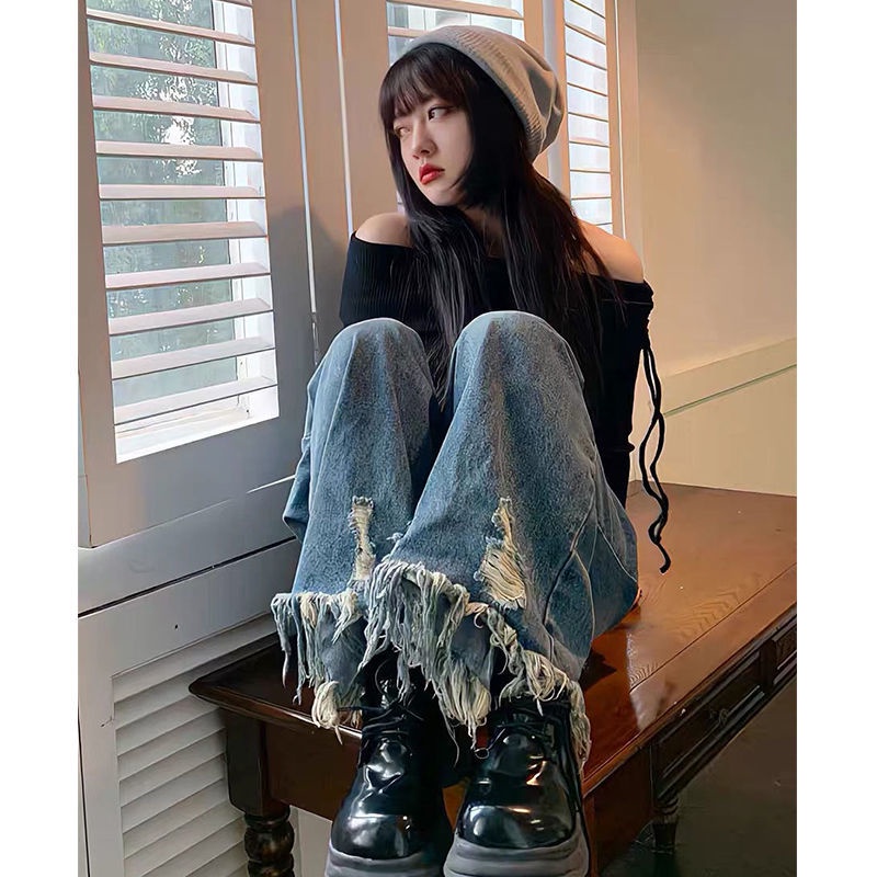 Jiashucheng Quần Jean Ống Rộng Rách Tua Rua Dáng Suông Phong Cách Hàn Quốc Hợp Thời Trang Cho Nữ