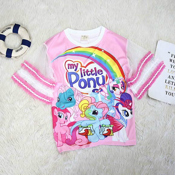 Đầm thun suông form rộng giấu quần họa tiết pony tay ren bé gái 25-55kg