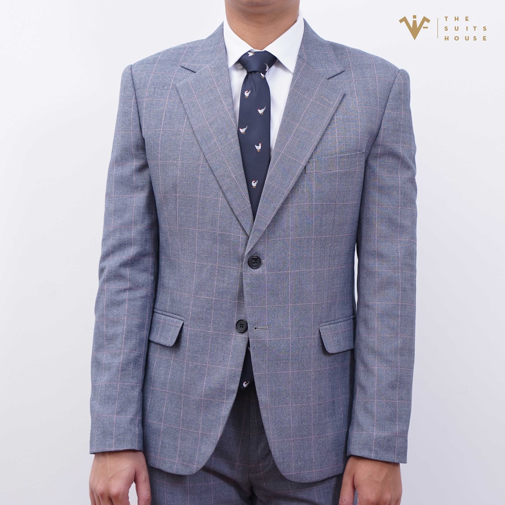 Bộ vest nam áo suits blazer quần tây xám kẻ ô, form ôm, sartorial, vải WOOL - The Suits House