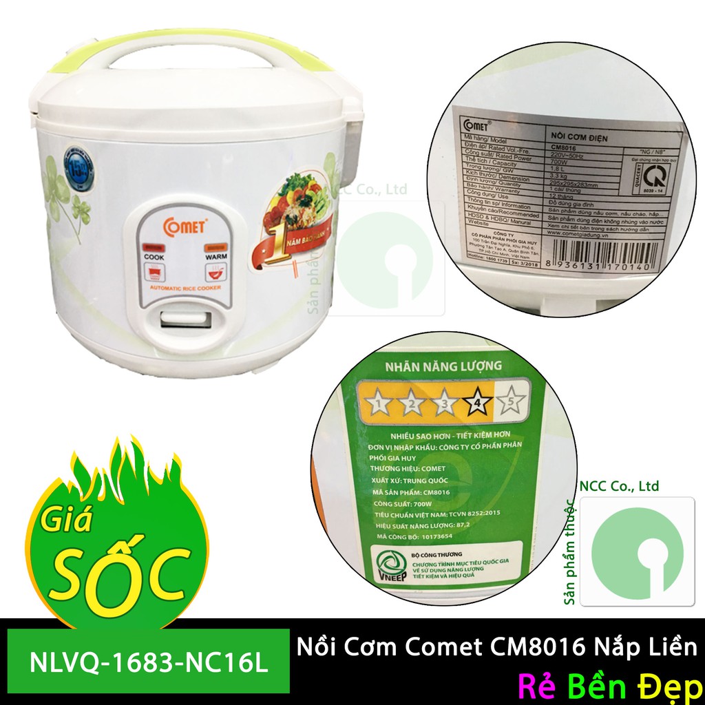 Nồi Cơm Điện Comet CM8016 Nắp Liền 1,8L - NLVQ-1683-NC16L