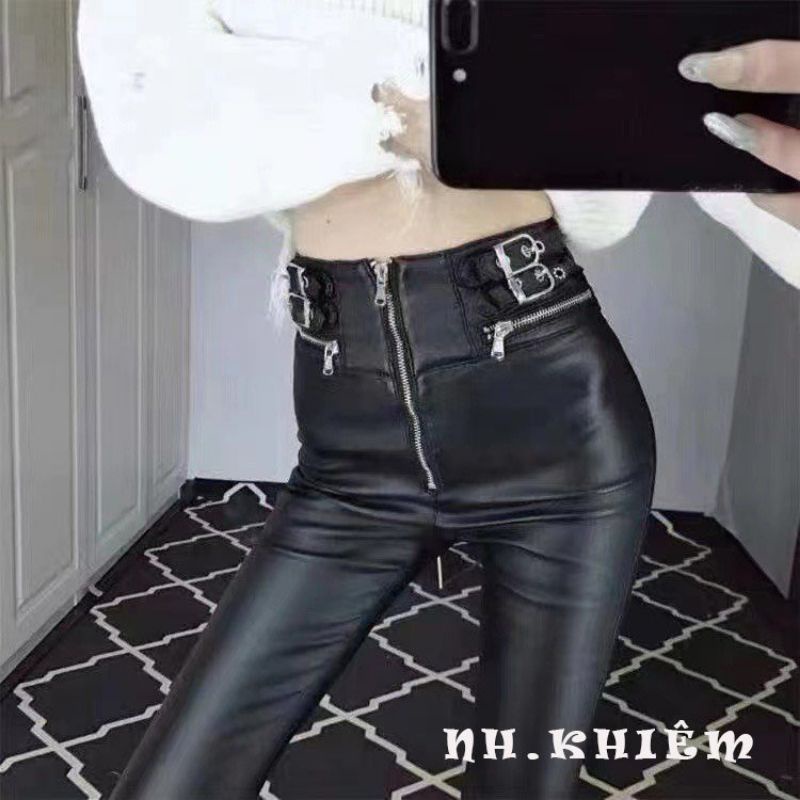 Quần da legging da sần lót nỉ  đai cạp