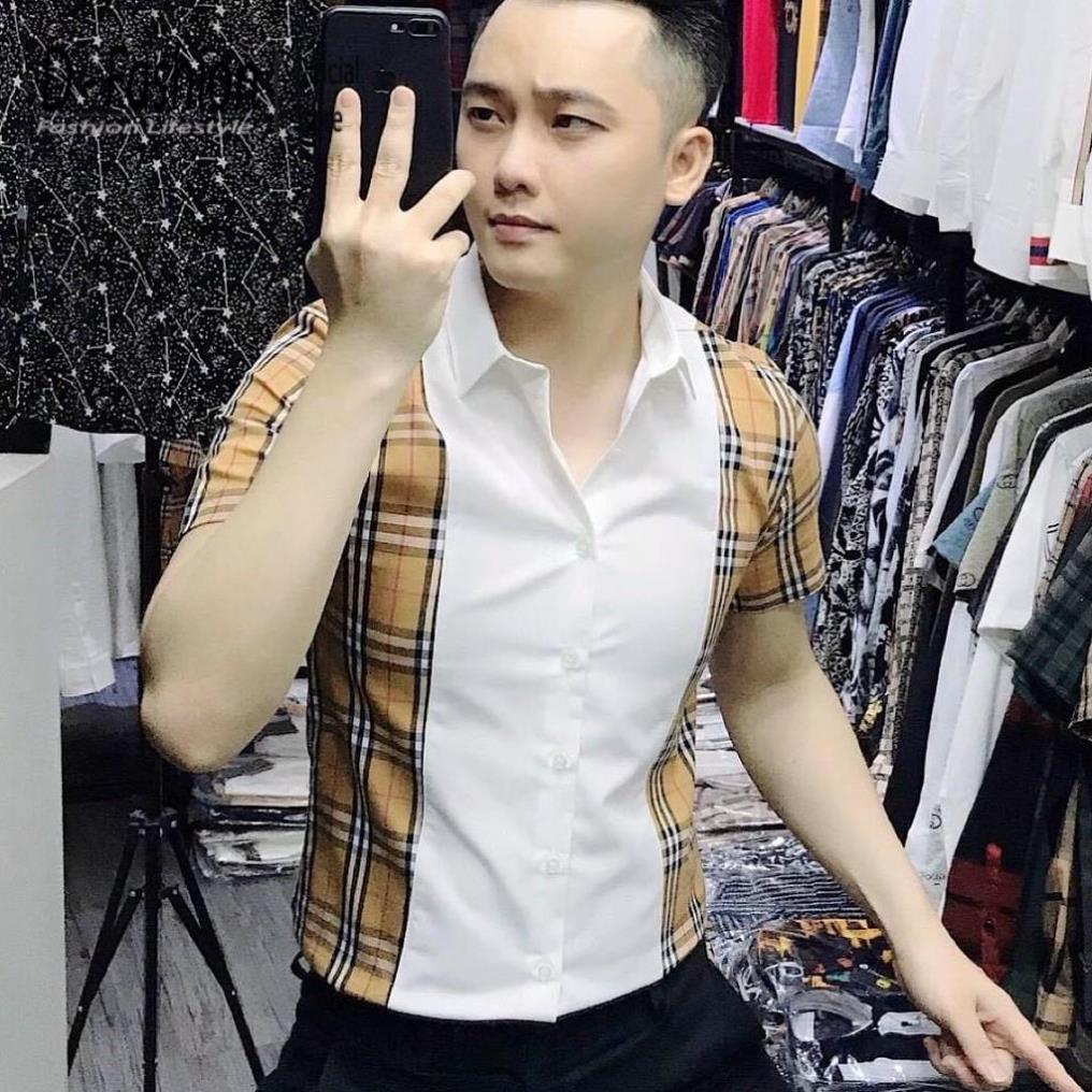 Áo sơ mi Nam Nữ -Chất mát không nhăn chất lụa-thời trang công sở- ĐỦ SIZE 40-75KG-Áo sơ mi cộc tay BBR kẻ sọc caro vàng