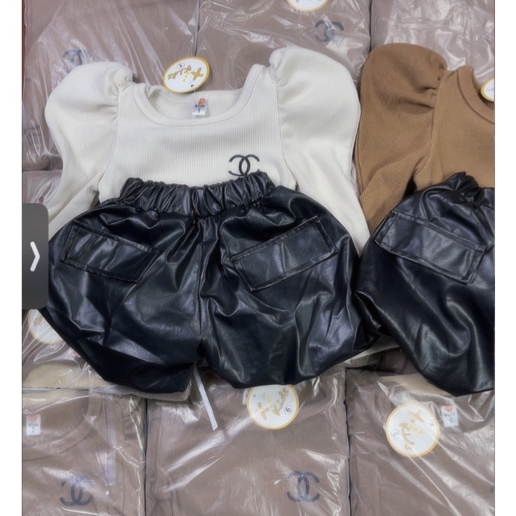 Set áo nhung lông tay bồng quần da cho bé gái